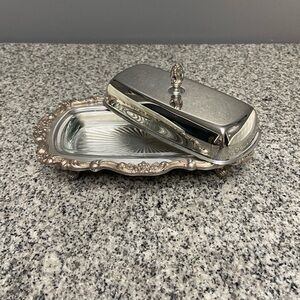 Vintage POOLE Silver Plate Ornate Butter Dish With Glass Dish Rose 413 Ornate